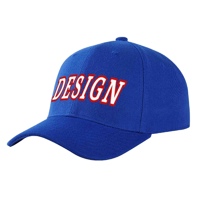 Travel Baseball Cap-Custom Royal White-Red Curved Eaves Sport Design Baseball Cap