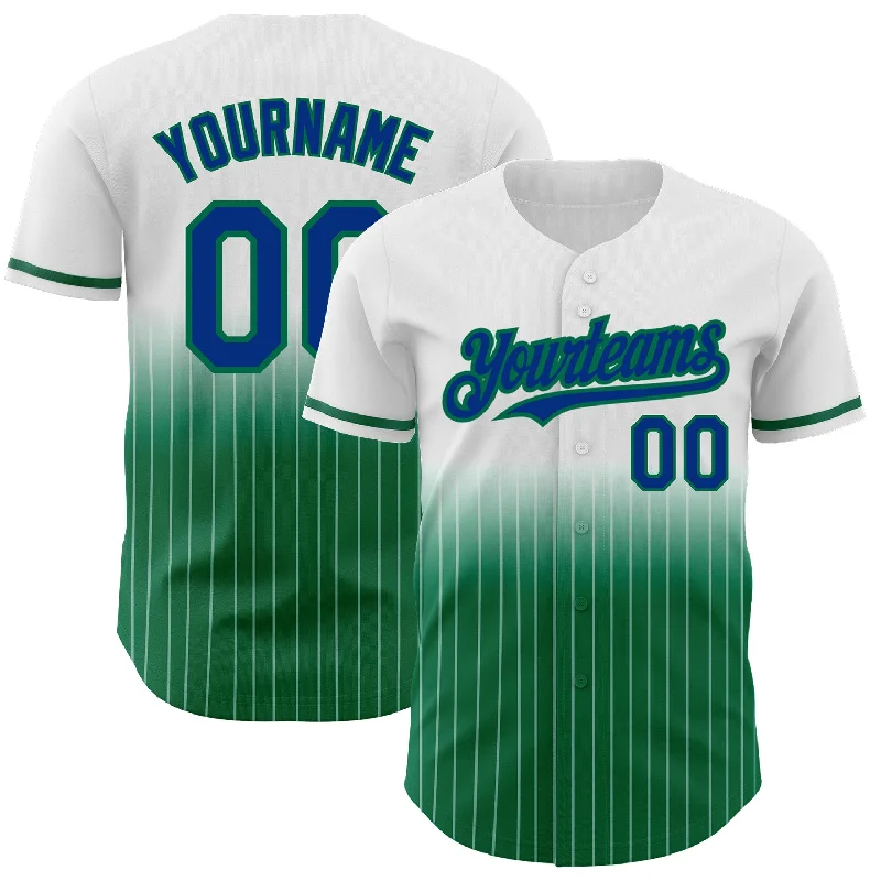 Tournament Baseball Jersey-Custom White Pinstripe Royal-Kelly Green Authentic Fade Fashion Baseball Jersey