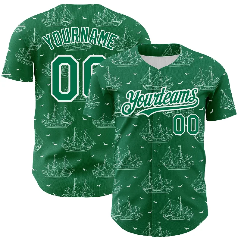 Cropped Baseball Jersey-Custom Kelly Green White 3D Pattern Design Ship Frigate With Seagulls Authentic Baseball Jersey