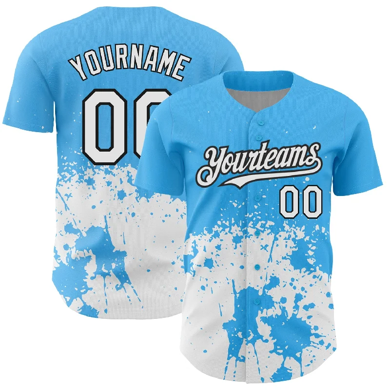 Game-Day Baseball Jersey-Custom Sky Blue White-Black 3D Pattern Design Abstract Splash Grunge Art Authentic Baseball Jersey