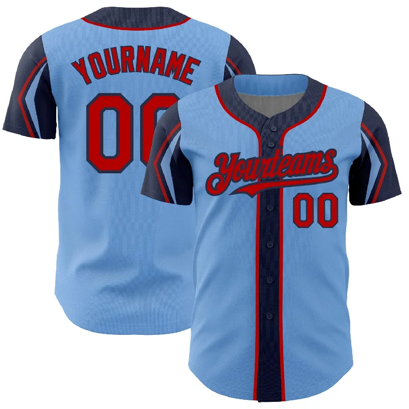 Birthday Baseball Jersey-Custom Light Blue Red-Navy 3 Colors Arm Shapes Authentic Baseball Jersey