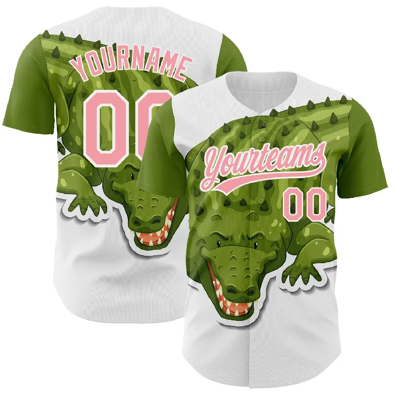 UV Protection Baseball Jersey-Custom White Medium Pink 3D Pattern Design Cartoon Crocodile Authentic Baseball Jersey