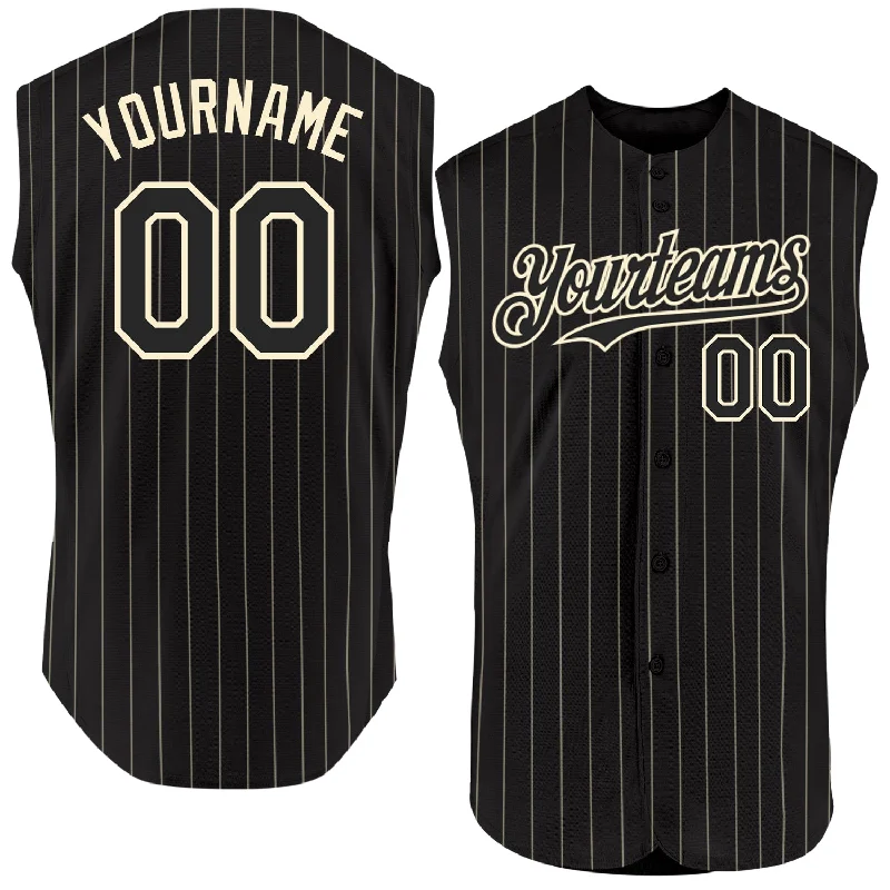 Graduation Baseball Jersey-Custom Black Cream Pinstripe Cream Authentic Sleeveless Baseball Jersey