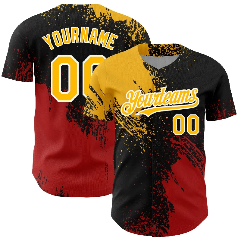 Short Sleeve Baseball Jersey-Custom Black Gold-Red 3D Pattern Design Abstract Brush Stroke Authentic Baseball Jersey