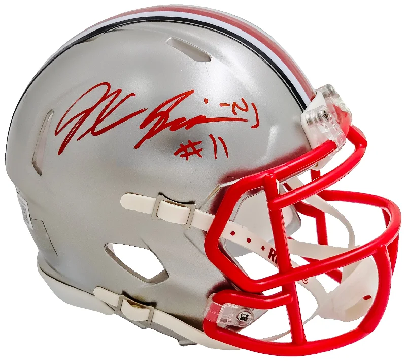 Green Rugby Helmet-Jaxon Smith-Njigba Autographed Ohio State Buckeyes Flash Silver Speed Mini Helmet Beckett BAS Witness Stock #216620