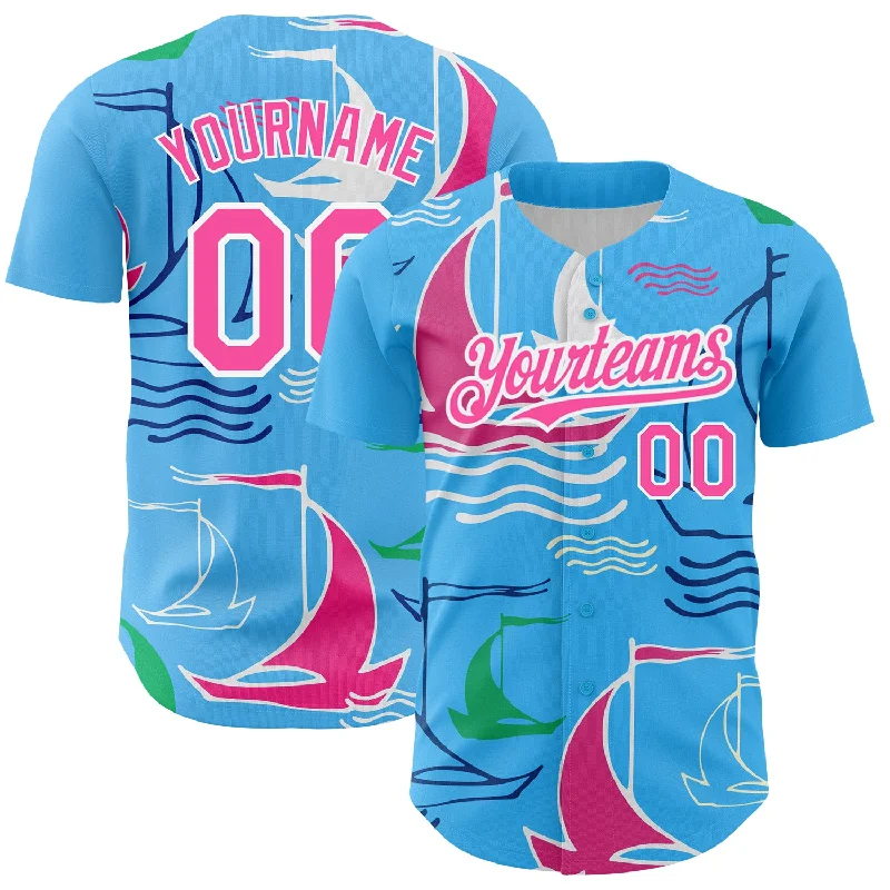 Baseball Iconic Jersey-Custom Sky Blue Pink-White 3D Pattern Design Sailing Boats Authentic Baseball Jersey