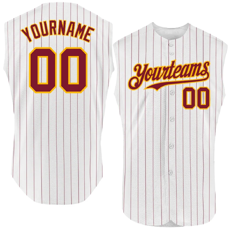 Baseball Franchise Jersey-Custom White Purple Pinstripe Gold Authentic Sleeveless Baseball Jersey