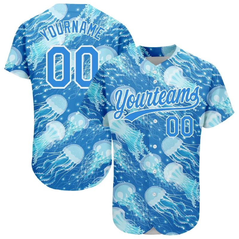 Neon Baseball Jersey-Custom Electric Blue White 3D Pattern Design Jellyfish Authentic Baseball Jersey