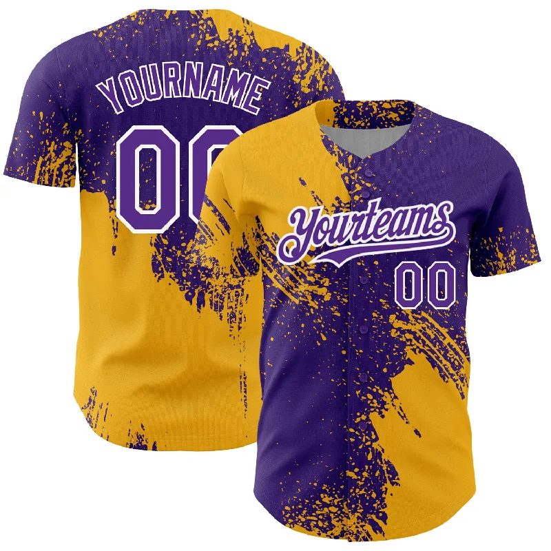 Printed Baseball Jersey-Custom Purple Gold-White 3D Pattern Design Abstract Brush Stroke Authentic Baseball Jersey