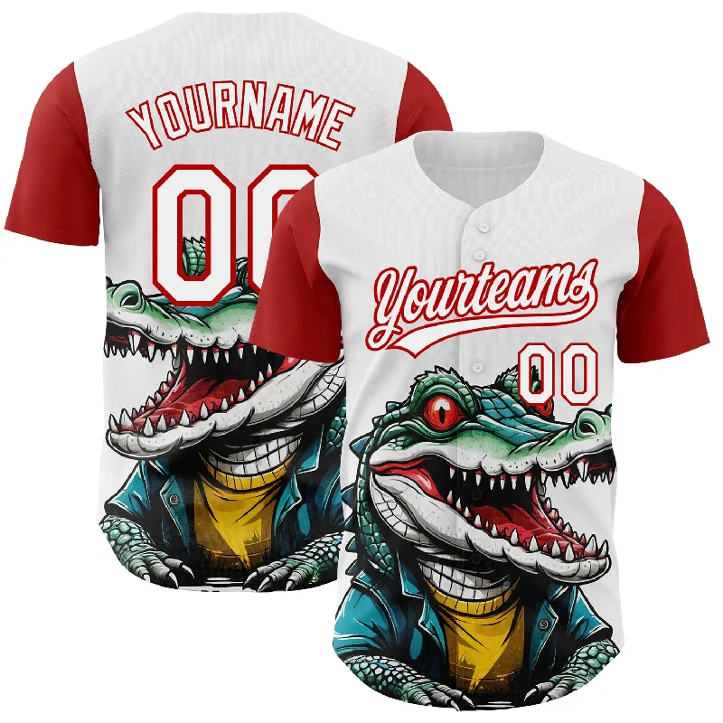 Reflective Baseball Jersey-Custom White Red 3D Pattern Design Cartoon Crocodile Authentic Baseball Jersey