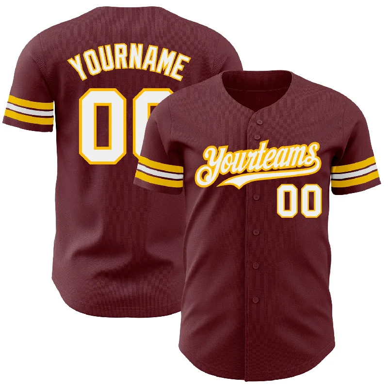 Short Sleeve Baseball Jersey-Custom Burgundy White-Gold Authentic Baseball Jersey