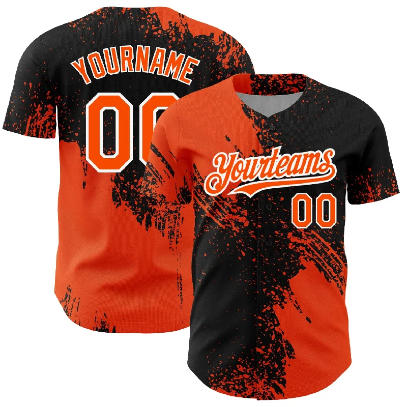 Oversized Baseball Jersey-Custom Black Orange-White 3D Pattern Design Abstract Brush Stroke Authentic Baseball Jersey