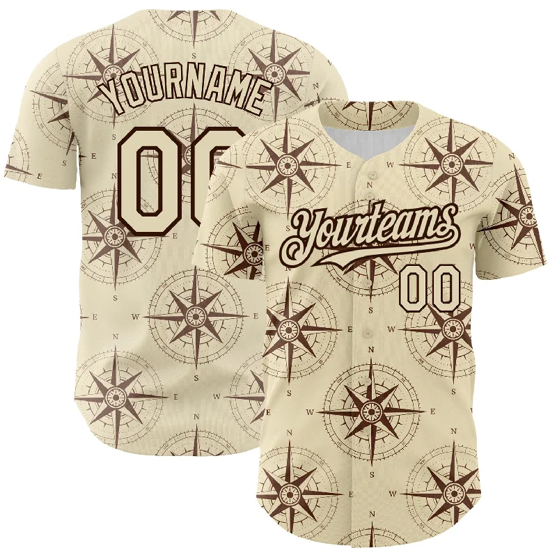 Classic Fit Baseball Jersey-Custom Cream Brown 3D Pattern Design Navigation Compass Authentic Baseball Jersey