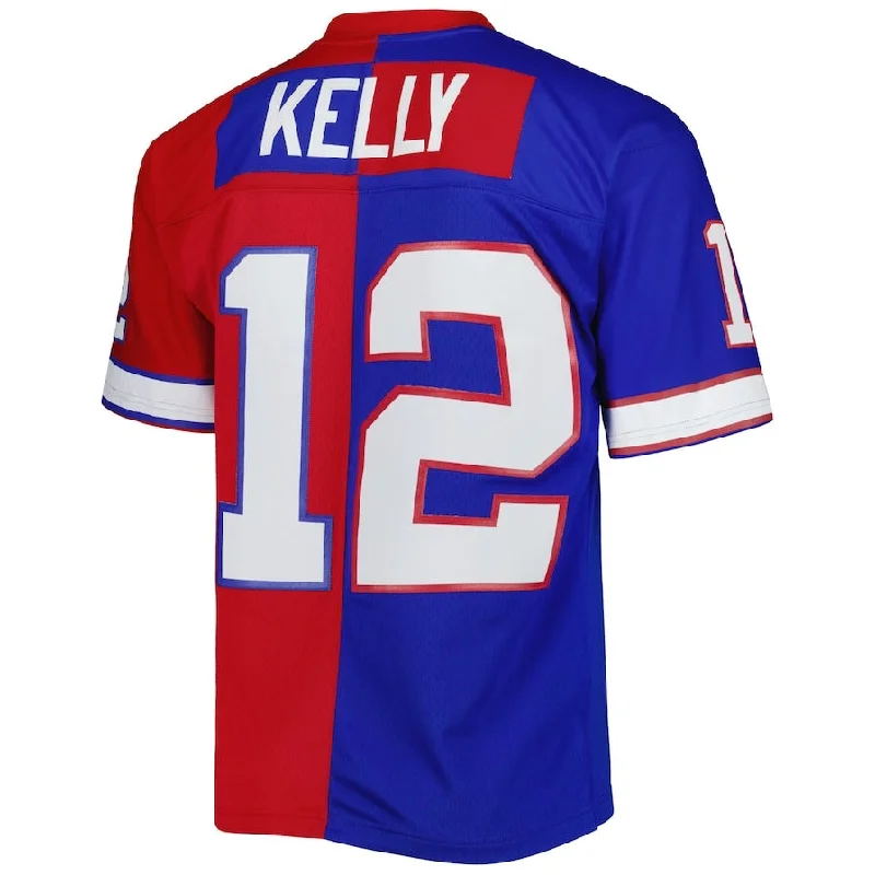 Football MVP Jersey-B.Bills #12 Jim Kelly Mitchell & Ness 1990 Split Legacy Replica Jersey - Royal-Red American Stitched Football Jerseys