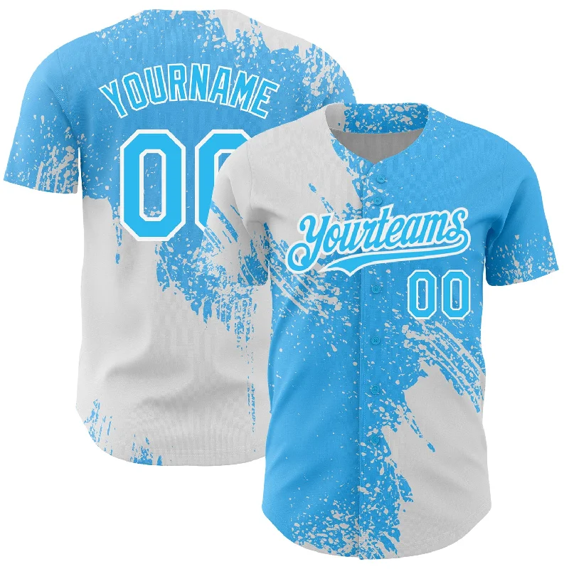 Women's Baseball Jersey-Custom Sky Blue White 3D Pattern Design Abstract Brush Stroke Authentic Baseball Jersey