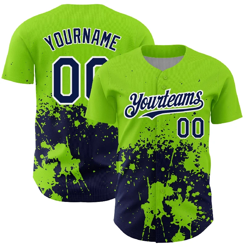 College Baseball Jersey-Custom Neon Green Navy-White 3D Pattern Design Abstract Splash Grunge Art Authentic Baseball Jersey