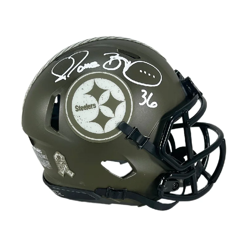 Tournament Rugby Helmet-Jerome Bettis Signed Pittsburgh Steelers Salute to Service Speed Mini Football Helmet (JSA)