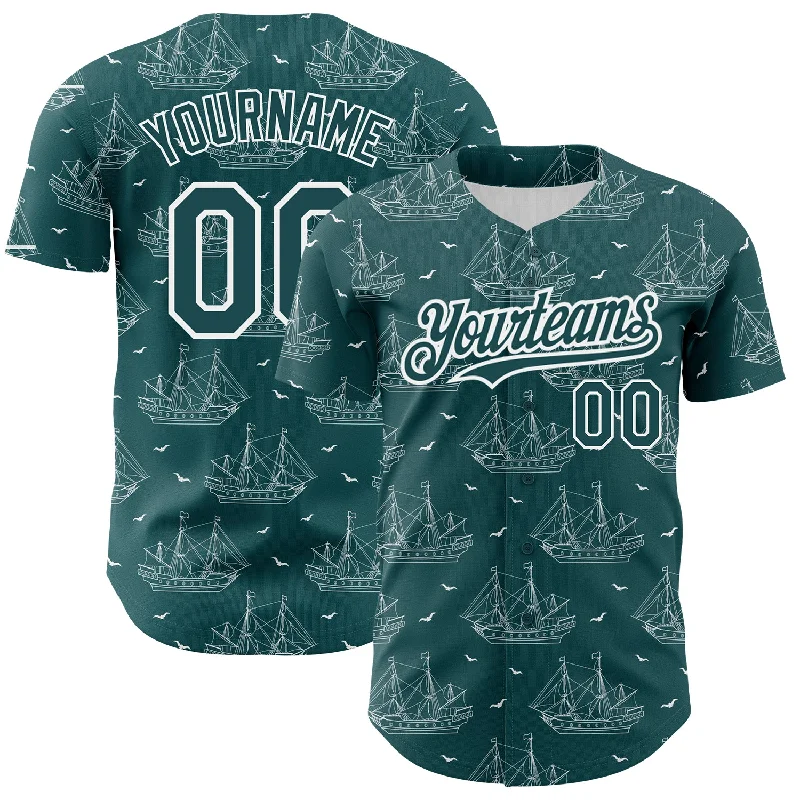 Baseball-Inspired Jersey-Custom Midnight Green White 3D Pattern Design Ship Frigate With Seagulls Authentic Baseball Jersey