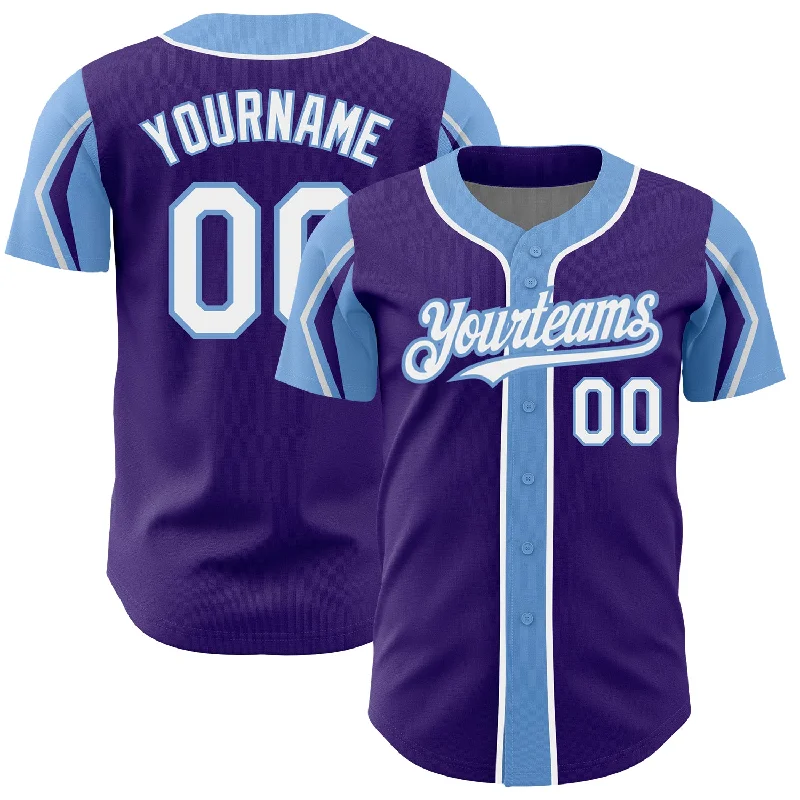 Family Baseball Jersey-Custom Purple White-Light Blue 3 Colors Arm Shapes Authentic Baseball Jersey