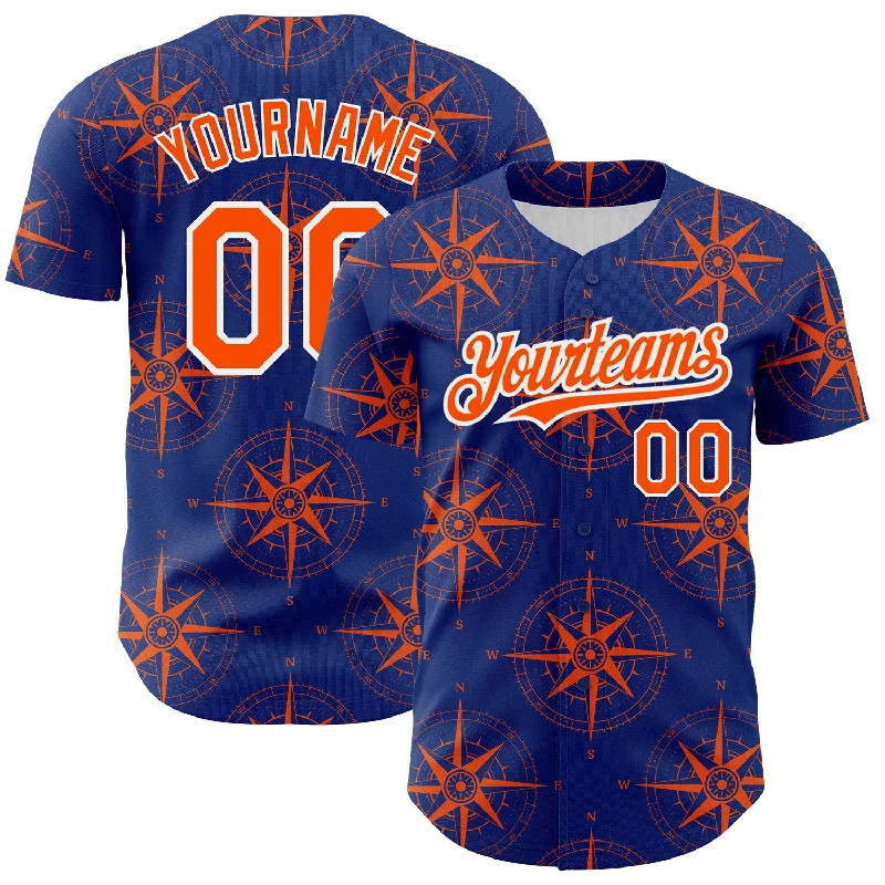 Baseball Player Autograph Jersey-Custom Royal Orange-White 3D Pattern Design Navigation Compass Authentic Baseball Jersey