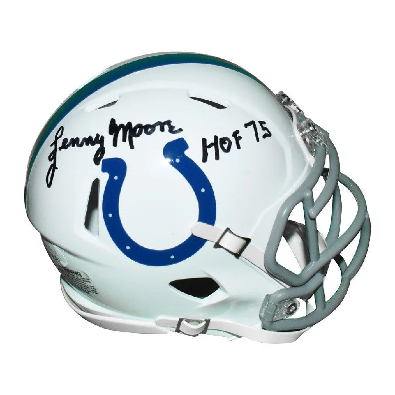 Adjustable Strap Rugby Helmet-Lenny Moore Signed HOF 75 Inscription Indianapolis Colts Speed Mini Football Helmet (JSA)