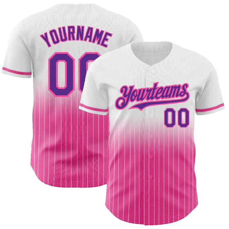 Men's Baseball Jersey-Custom White Pinstripe Purple-Pink Authentic Fade Fashion Baseball Jersey