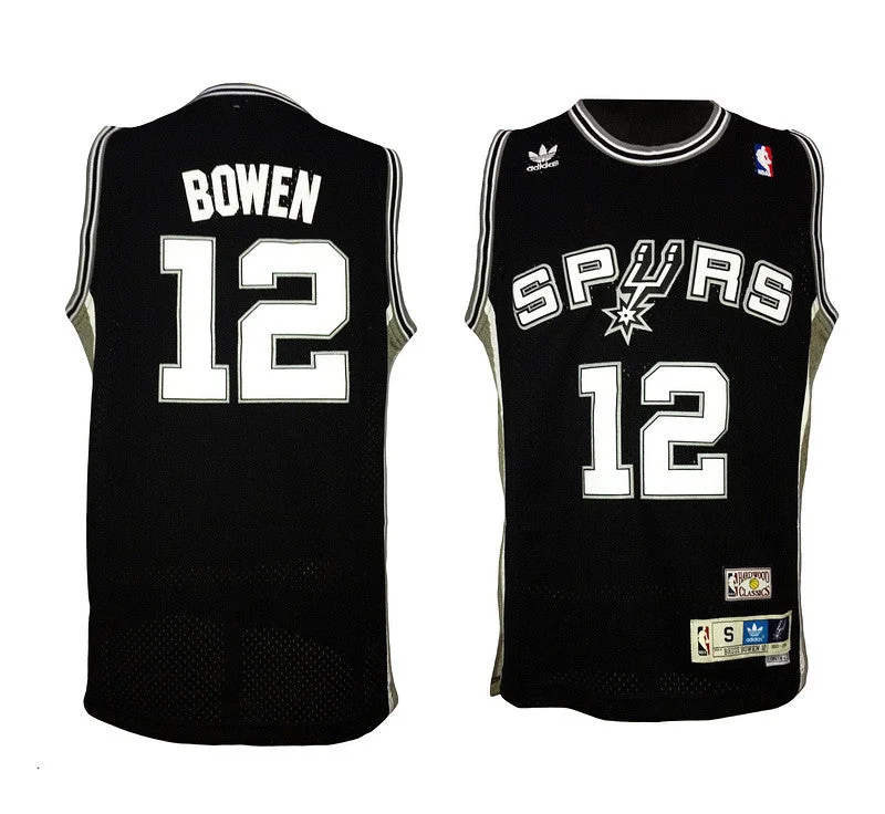 Basketball Tailgate Jersey-Spurs 12 Bowen Black Hardwood Classics Basketball Jerseys