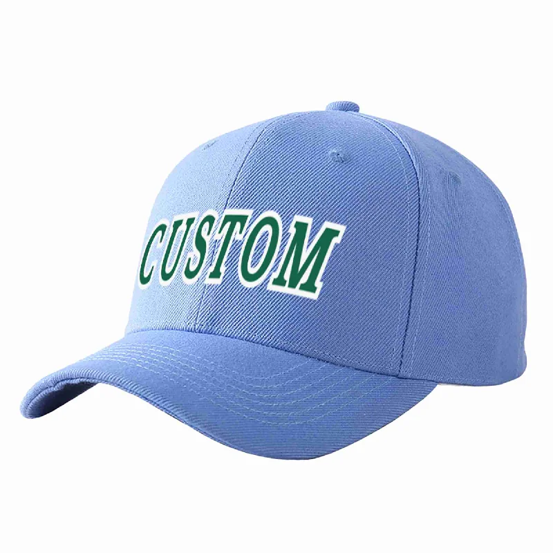 Travel Baseball Cap-Custom Sky Blue Kelly Green-White Curved Eaves Sport Baseball Cap Design for Men/Women/Youth