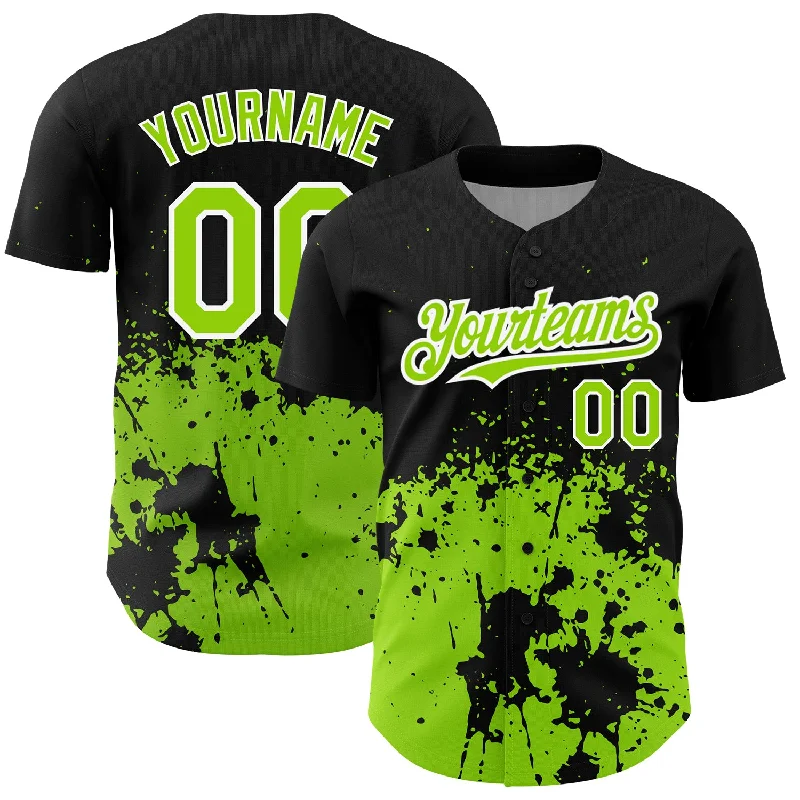 Baseball Club Jersey-Custom Black Neon Green-White 3D Pattern Design Abstract Splash Grunge Art Authentic Baseball Jersey