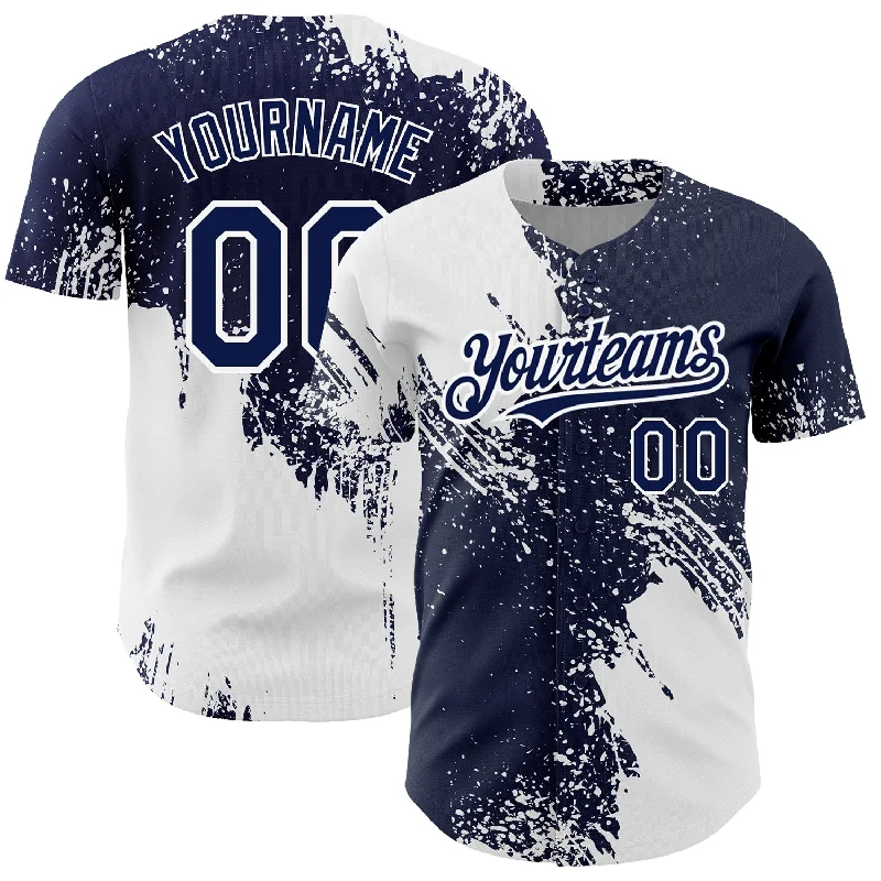 Men's Baseball Jersey-Custom Navy White 3D Pattern Design Abstract Brush Stroke Authentic Baseball Jersey