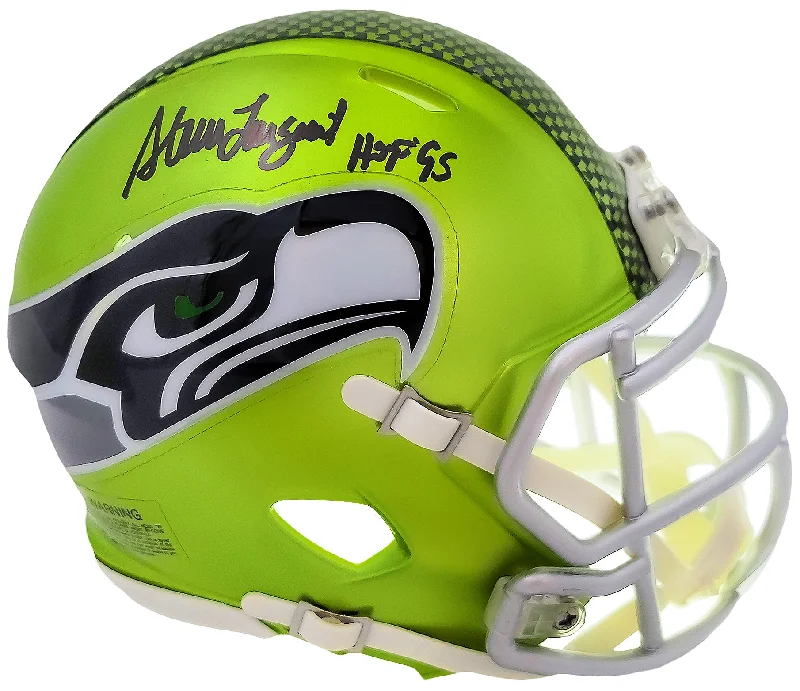 Game-Day Rugby Helmet-Steve Largent Autographed Seattle Seahawks Flash Green Mini Helmet "HOF 95" MCS Holo Stock #210466