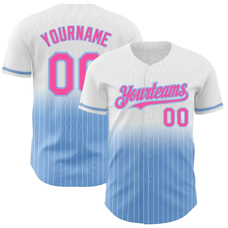 Classic Baseball Jersey-Custom White Pinstripe Pink-Light Blue Authentic Fade Fashion Baseball Jersey