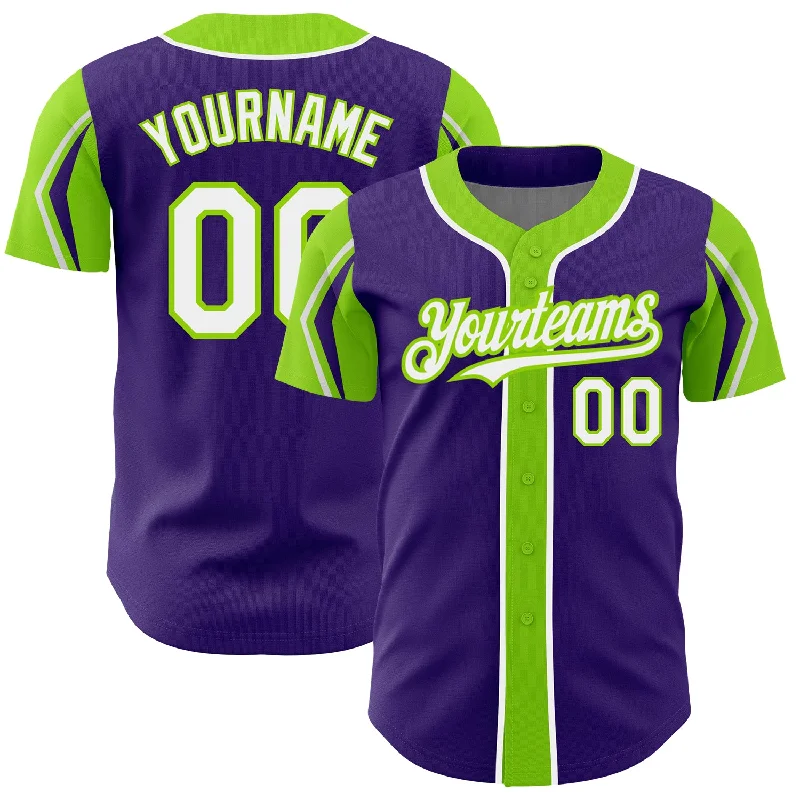 Friendship Baseball Jersey-Custom Purple White-Neon Green 3 Colors Arm Shapes Authentic Baseball Jersey