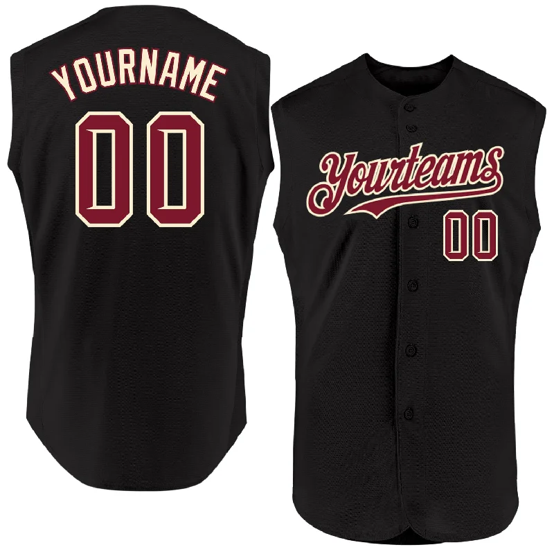 Soft Fabric Baseball Jersey-Custom Black Crimson-Cream Authentic Sleeveless Baseball Jersey