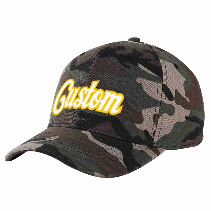 Sports Team Baseball Cap-Custom Camo White-Gold Curved Eaves Sport Baseball Cap Design for Men/Women/Youth