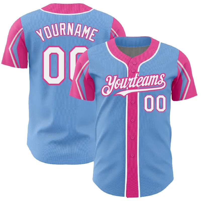 Summer Baseball Jersey-Custom Light Blue White-Pink 3 Colors Arm Shapes Authentic Baseball Jersey