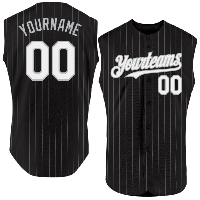 Matching Baseball Jersey-Custom Black Gray Pinstripe White Authentic Sleeveless Baseball Jersey