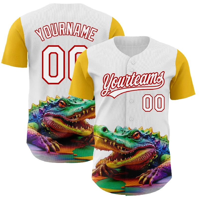 Glow-in-the-Dark Baseball Jersey-Custom White Red-Yellow 3D Pattern Design Colorful Crocodile Authentic Baseball Jersey