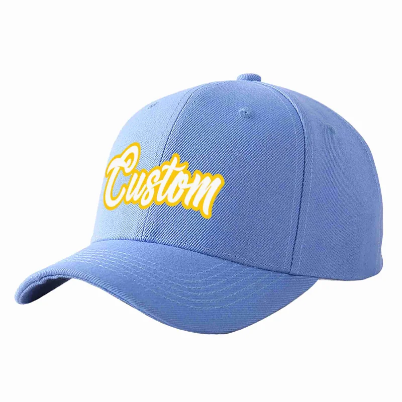 Festival Baseball Cap-Custom Sky Blue White-Gold Curved Eaves Sport Baseball Cap Design for Men/Women/Youth