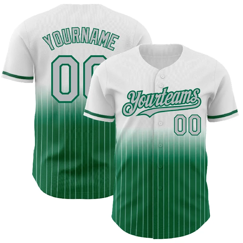 High School Baseball Jersey-Custom White Pinstripe Gray-Kelly Green Authentic Fade Fashion Baseball Jersey