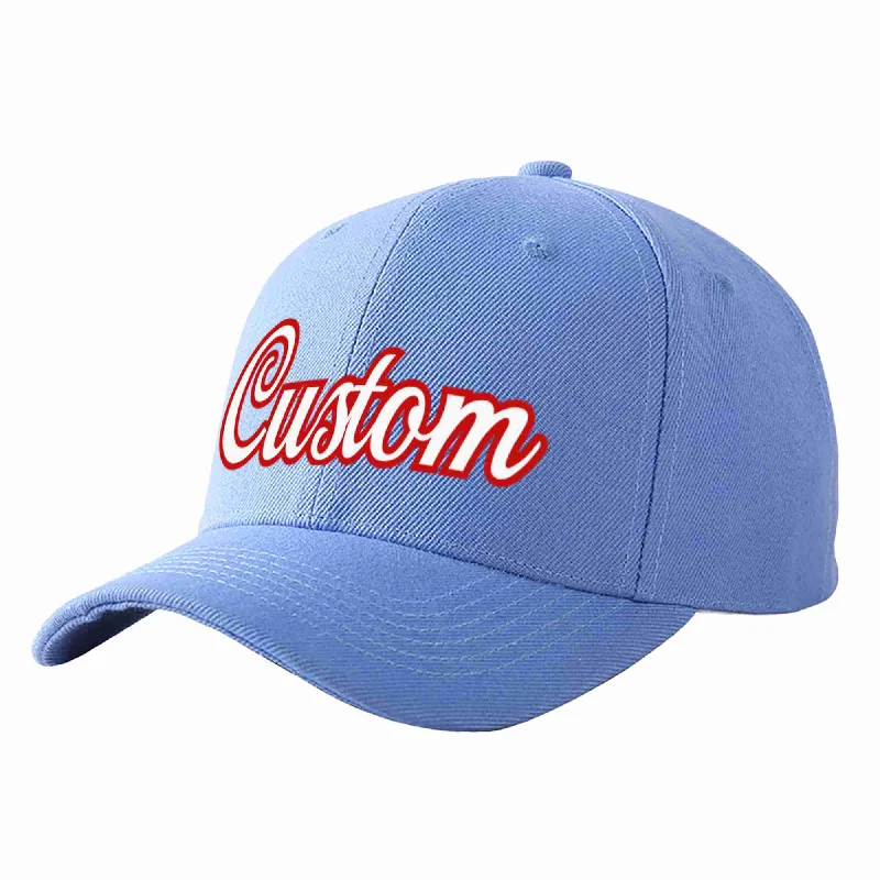 Cartoon Baseball Cap-Custom Sky Blue White-Red Curved Eaves Sport Baseball Cap Design for Men/Women/Youth