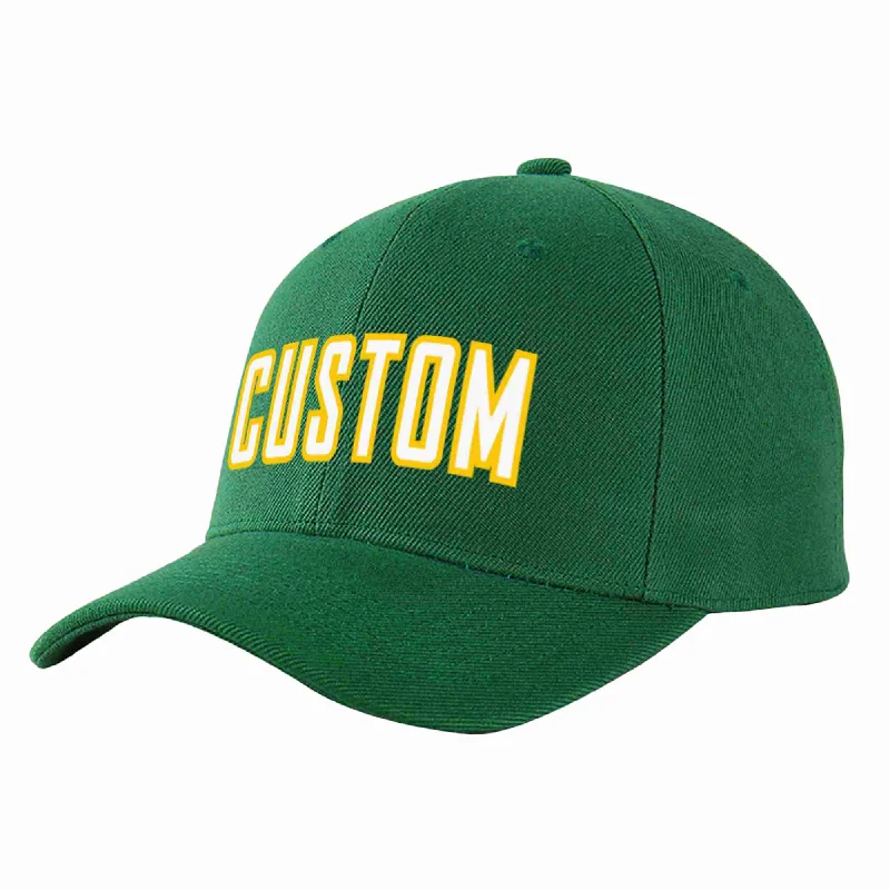 Graphic Baseball Cap-Custom Green White-Gold Curved Eaves Sport Baseball Cap Design for Men/Women/Youth