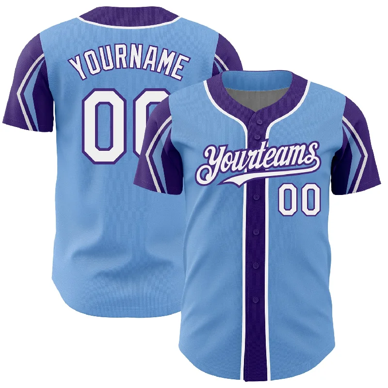 Quick-Dry Baseball Jersey-Custom Light Blue White-Purple 3 Colors Arm Shapes Authentic Baseball Jersey