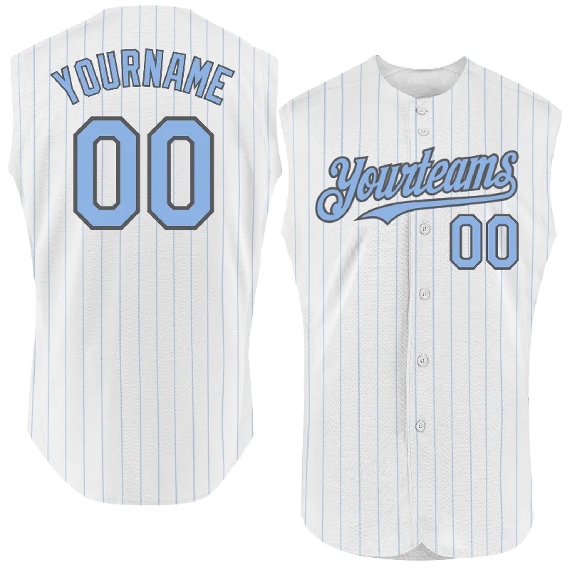 Men's Baseball Jersey-Custom White Light Blue Pinstripe Gray Authentic Sleeveless Baseball Jersey