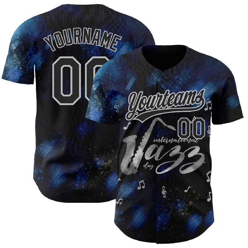 Baseball Tournament Jersey-Custom Black Gray 3D Pattern Design International Jazz Day Authentic Baseball Jersey