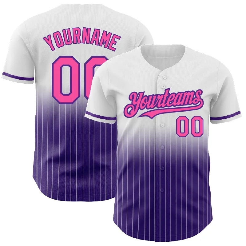 Home Game Baseball Jersey-Custom White Pinstripe Pink-Purple Authentic Fade Fashion Baseball Jersey