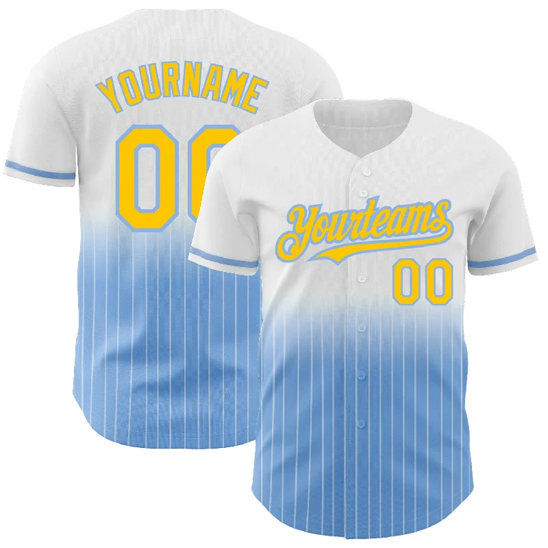 Fashion Baseball Jersey-Custom White Pinstripe Yellow-Light Blue Authentic Fade Fashion Baseball Jersey