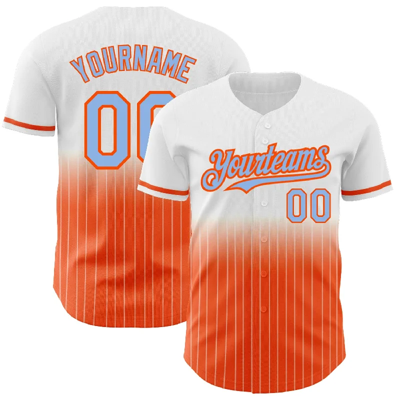 Short Sleeve Baseball Jersey-Custom White Pinstripe Light Blue-Orange Authentic Fade Fashion Baseball Jersey