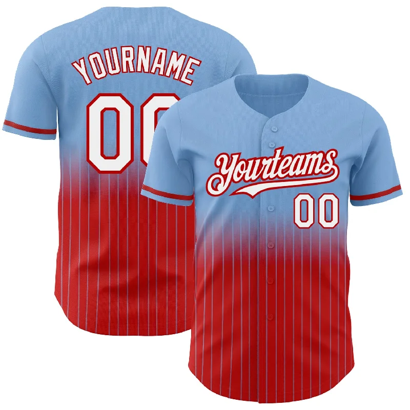 Logo Baseball Jersey-Custom Light Blue Pinstripe White-Red Authentic Fade Fashion Baseball Jersey