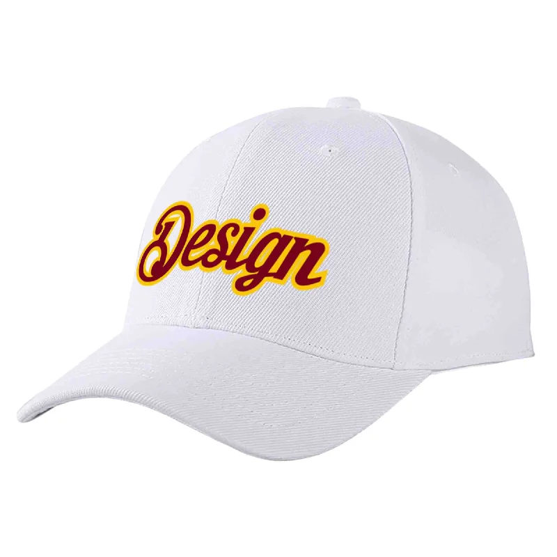 Exclusive Baseball Cap-Custom White Crimson-Yellow Curved Eaves Sport Design Baseball Cap